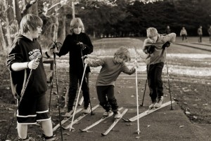 young club members messing around on skis